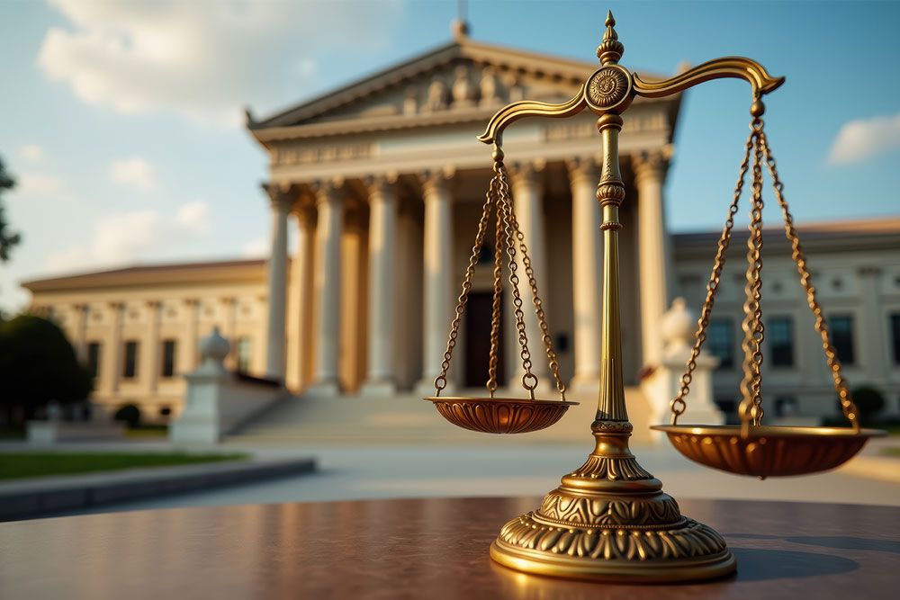 Golden scales of justice in front of a classical courthouse, symbolizing law and fairness in a legal setting.