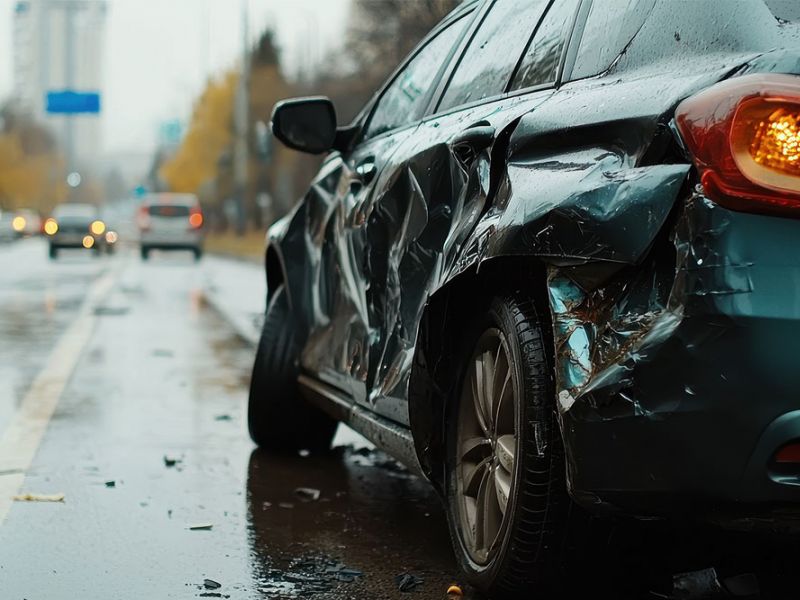 Damaged car with dented side on a wet city road. Traffic is visible in the background.