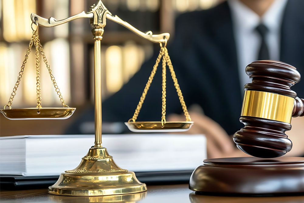 Golden scales and gavel on desk, symbolizing justice and law in a courtroom setting.