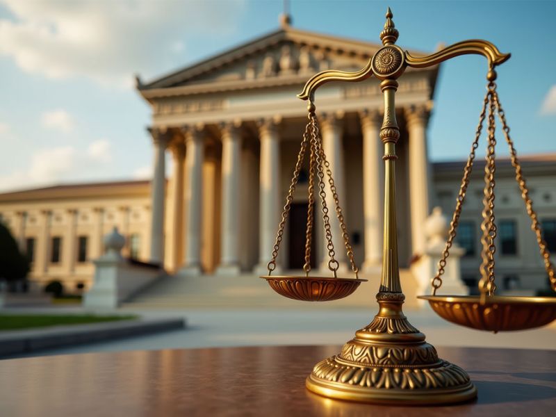 Golden scales of justice in front of a classical courthouse, symbolizing law and fairness in a legal setting.