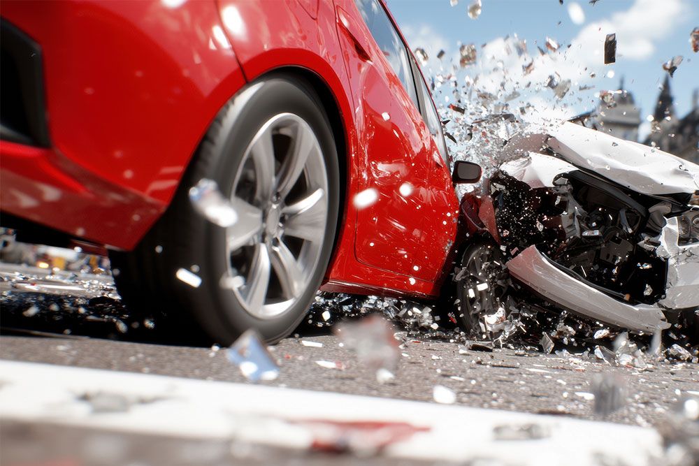 Red car in dramatic collision, front-end damage, and debris flying on urban street under clear sky.