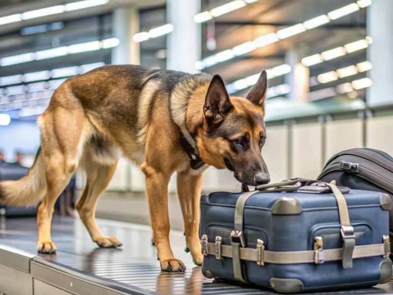 Police dog sniffing luggage on airport conveyor belt for security check.