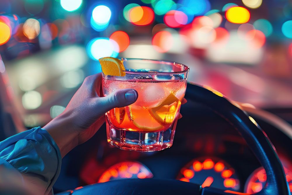 Hand holding a cocktail with lemon slice over car steering wheel, bokeh city lights in background promote drink driving risk.
