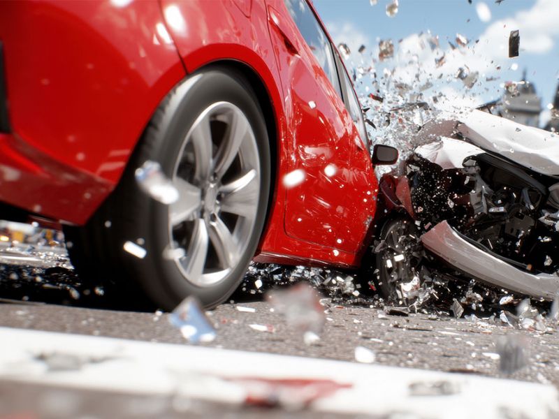 Red car in dramatic collision, front-end damage, and debris flying on urban street under clear sky.