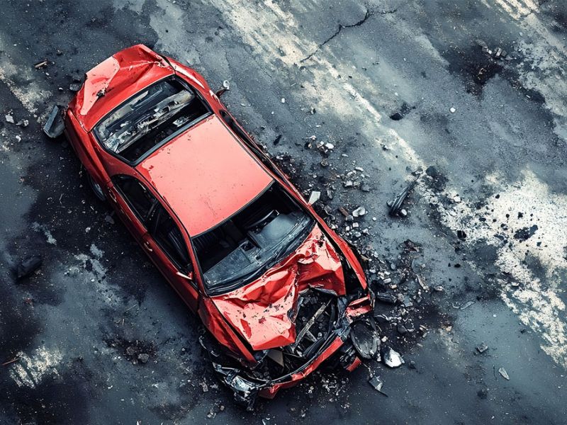 Red car with severe front-end damage after accident, aerial view on cracked asphalt.