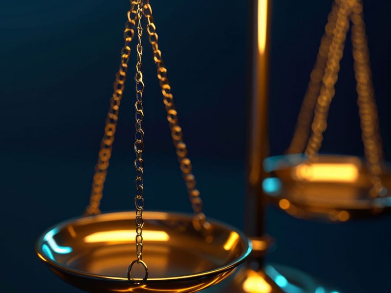 Close-up of a golden balance scale glowing against a dark background, symbolizing justice and fairness.