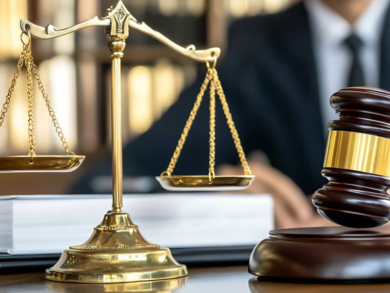 Golden scales and gavel on desk, symbolizing justice and law in a courtroom setting.