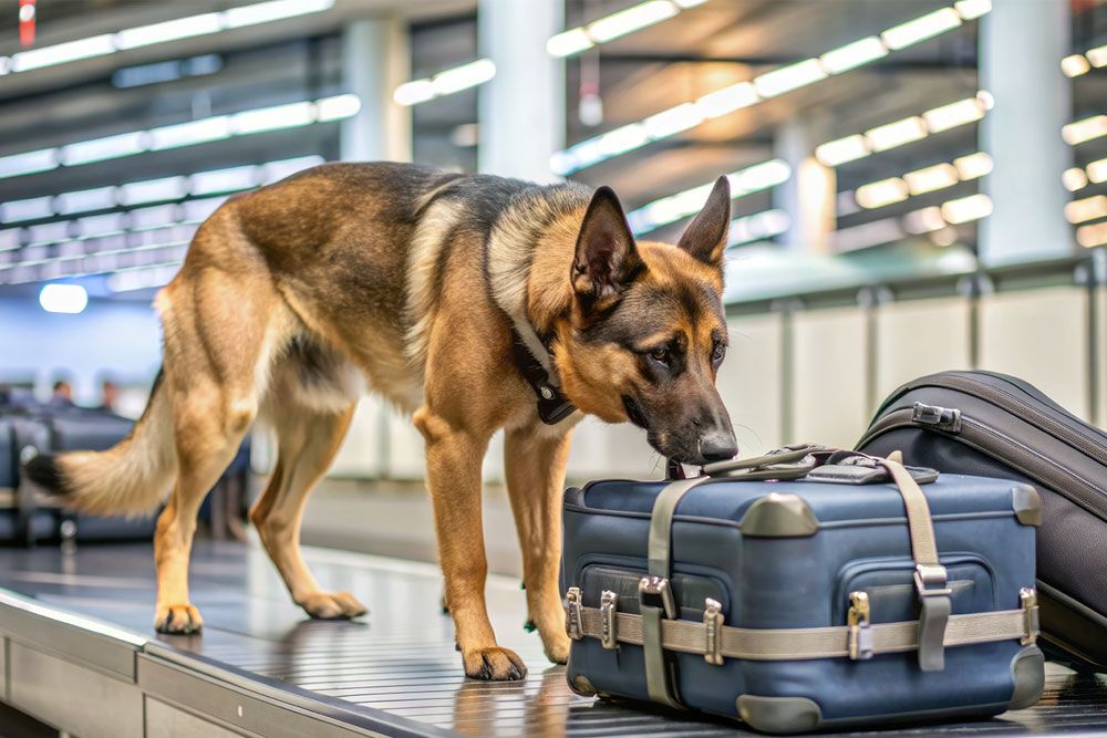 Police dog sniffing luggage on airport conveyor belt for security check.