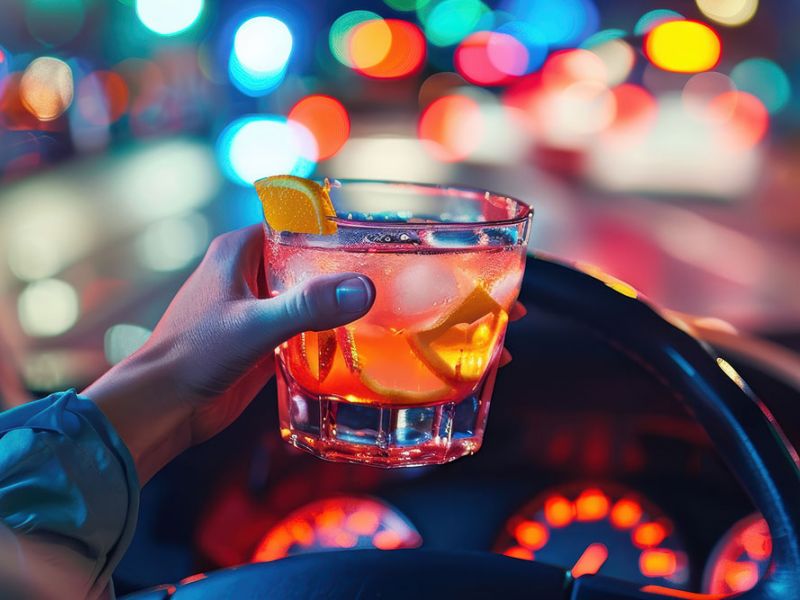 Hand holding a cocktail with lemon slice over car steering wheel, bokeh city lights in background promote drink driving risk.