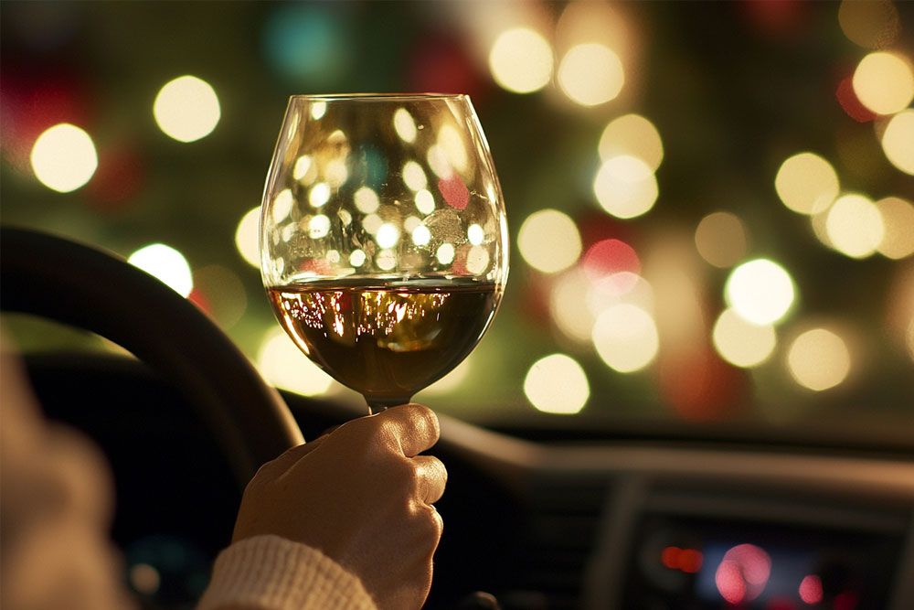 Person holding a wine glass inside a car, with festive lights reflecting.
