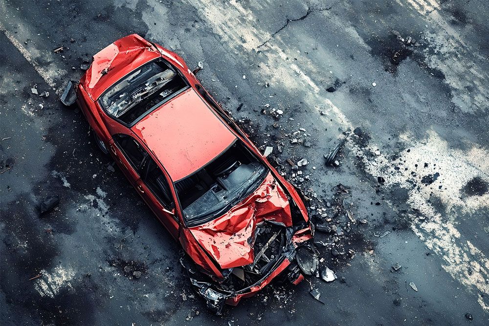 Red car with severe front-end damage after accident, aerial view on cracked asphalt.