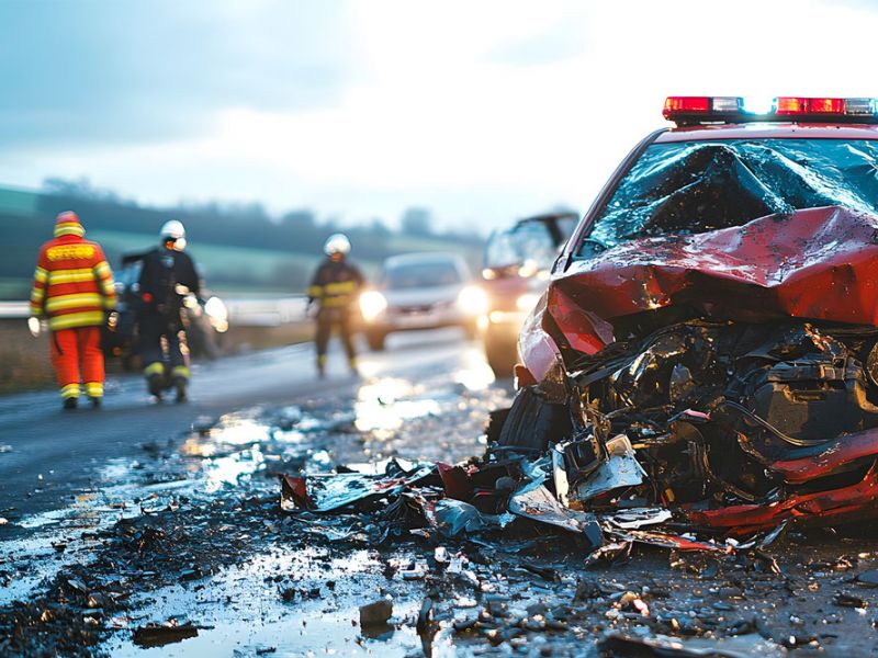 Severe car accident with emergency responders on the scene, illustrating reckless driving consequences in Northampton County, VA. Legal assistance available for traffic violations.