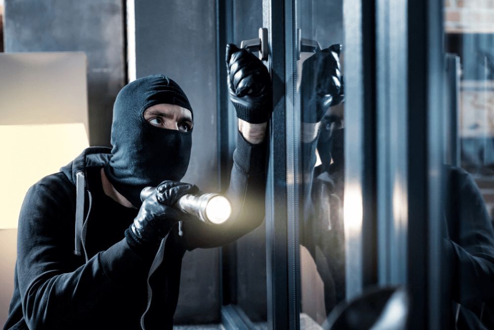 A masked individual holding a flashlight peers through a window, seemingly attempting entry. They wear a black hood and gloves, standing in a dimly lit interior space with reflections on the glass.