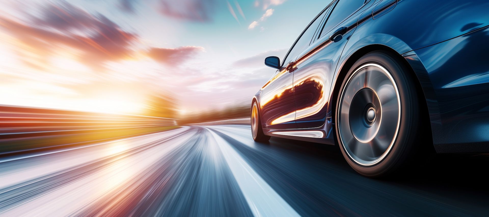 car driving in motion, blue car on high speed . Blue car rushing along a high-speed highway