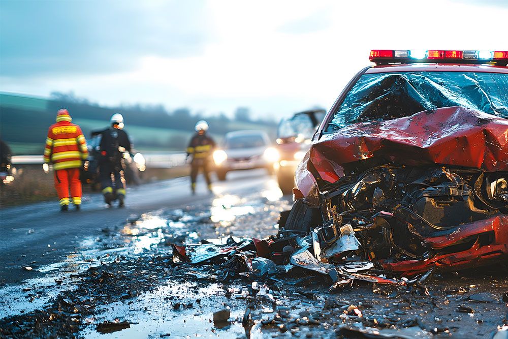 Severe car accident with emergency responders on the scene, illustrating reckless driving consequences in Northampton County, VA. Legal assistance available for traffic violations.