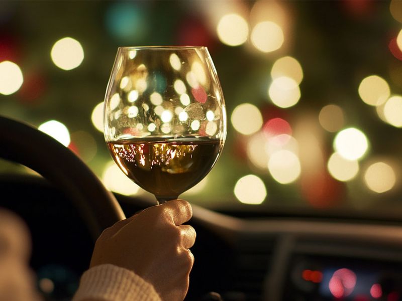 Person holding a wine glass inside a car, with festive lights reflecting.