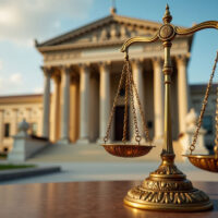 Golden scales of justice in front of a classical courthouse, symbolizing law and fairness in a legal setting.