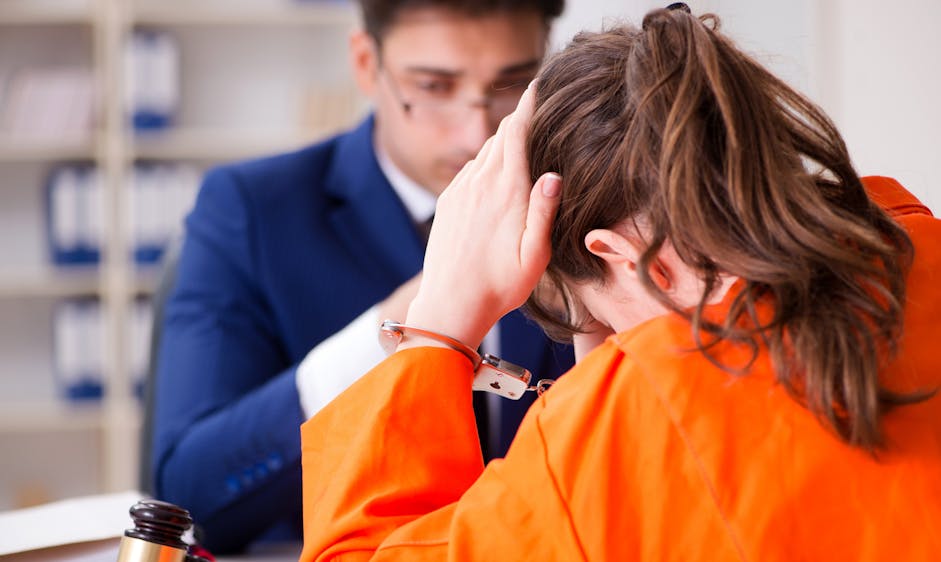 A person in an orange jumpsuit, wearing handcuffs, sits with head in hands across from someone in a blue suit, in an office setting with shelves in the background.