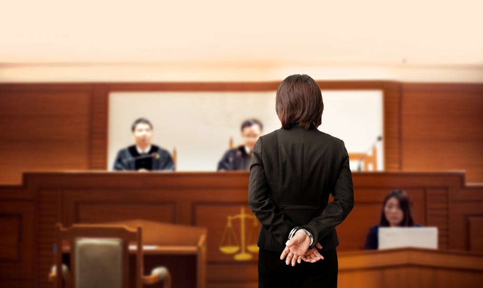 A person in a dark suit stands in a courtroom facing a panel of judges. Two judges and a court reporter are visible in the background.