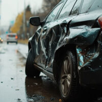 10-Visual-Detection-Clues-Used-By-police-In-Traffic-Stops Damaged car with dented side on a wet city road. Traffic is visible in the background.