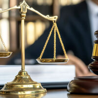 Golden scales and gavel on desk, symbolizing justice and law in a courtroom setting.