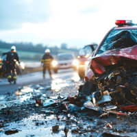 Severe car accident with emergency responders on the scene, illustrating reckless driving consequences in Northampton County, VA. Legal assistance available for traffic violations.