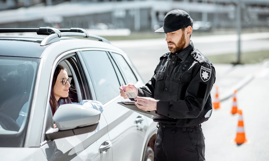A police officer examines a driver's license and writes on a clipboard while standing beside a woman in a parked white SUV. Orange traffic cones line the road nearby.