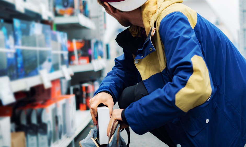 A person crouches, slipping a boxed item into a bag, wearing a blue and yellow jacket. They're positioned near shelves filled with electronics in a store setting.