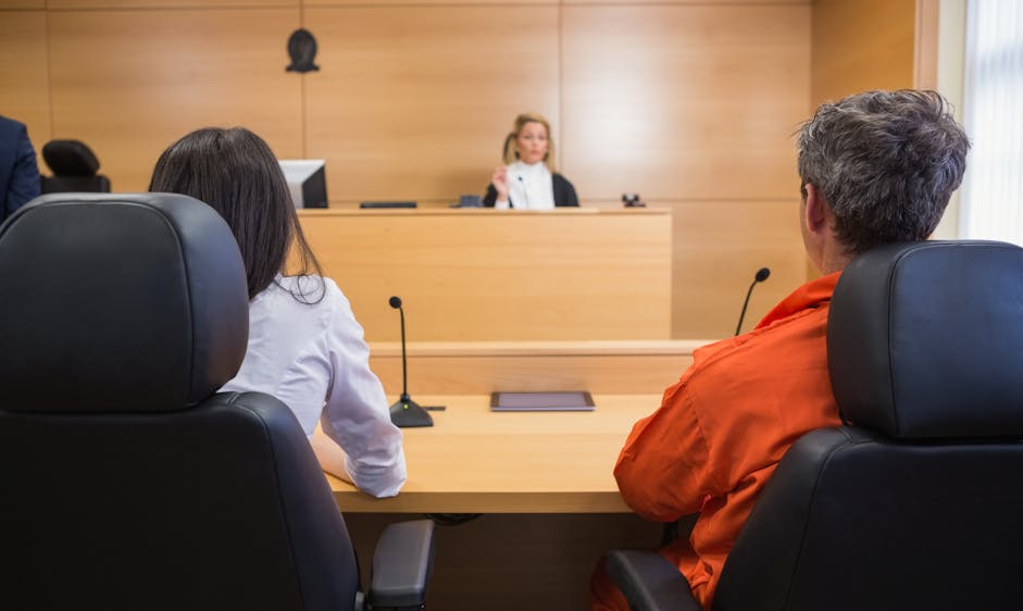 A judge in formal attire addresses a courtroom, while two individuals in chairs face her. One, dressed in orange, appears to be the defendant, suggesting a legal proceeding.